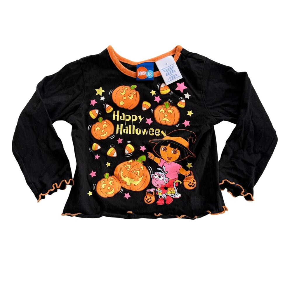 VTG Dora the Explorer Halloween SZ 3T Orange Lettuce Edge Black Long Sleeve Y2K